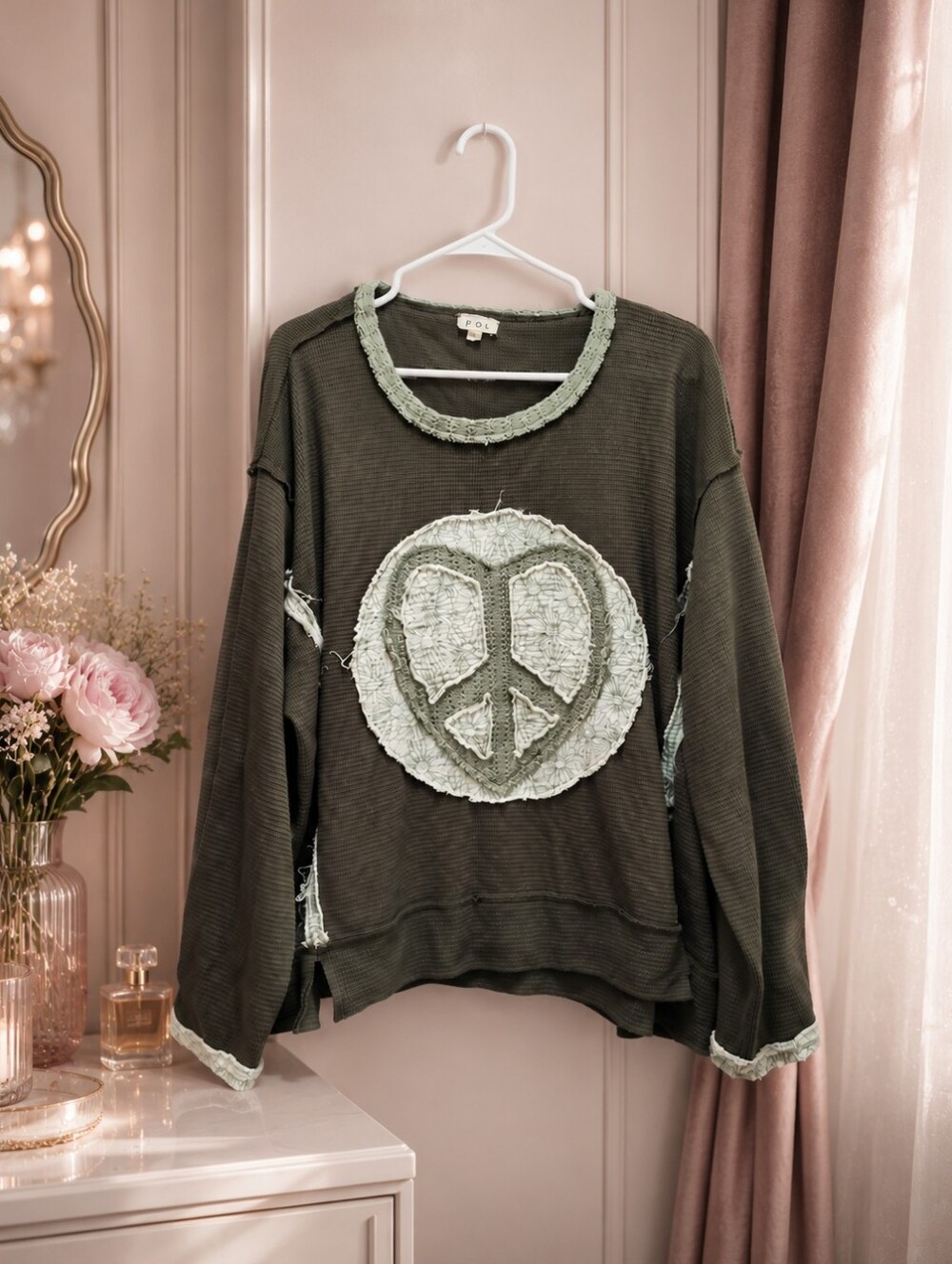 POL Large Olive Crewneck Sweater with Pale Green Peace Patch
